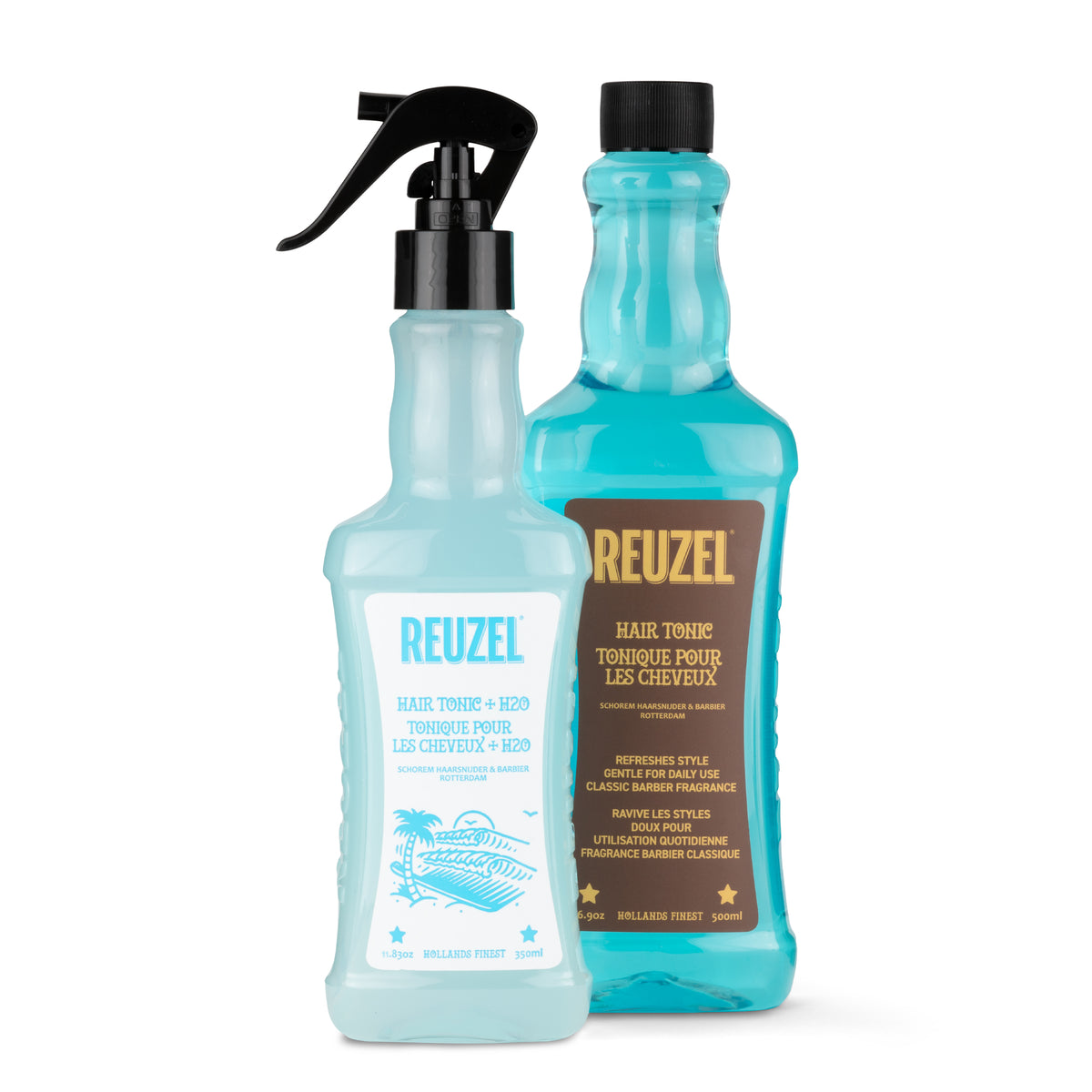 Reuzel UK spray bottle and hair tonic in a merch image, showcasing the branded hair styling products and packaging.