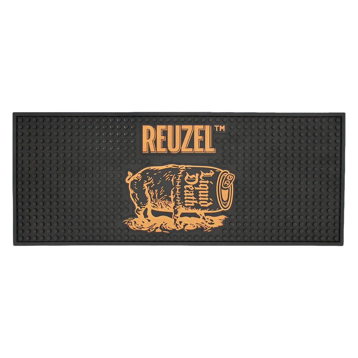 Reuzel Liquid Death Barber Mat featuring a severed head design, used as a durable and stylish barber shop accessory.