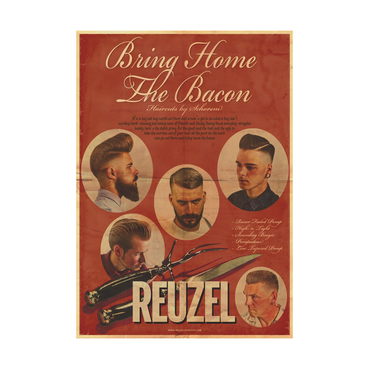 Reuzel UK Bring Home The Bacon poster featuring bold text and graphic design, suitable for barbershop or grooming decor.