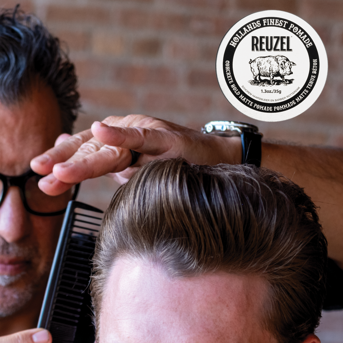 UK REUZEL Concrete Hold Matte Pomade in a jar, showing its matte finish and thick texture for strong hold and style.