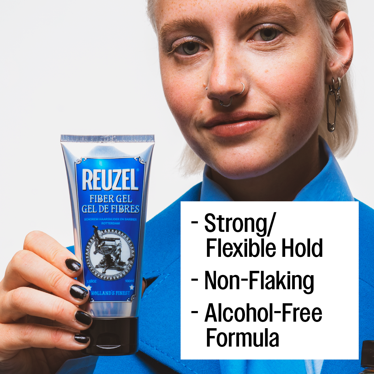 Reuzel Fiber Gel in a jar, showing thickening hair styling gel from REUZEL UK with a textured, gel-like consistency and branding.