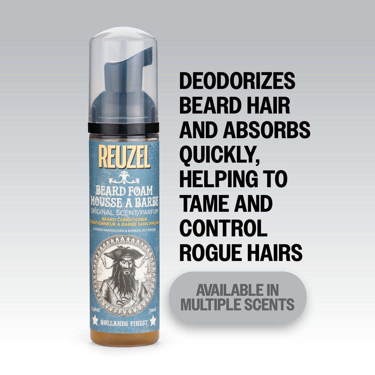 Reuzel UK beard foam bottle, natural beard styling foam, close-up of product container with label and branding.