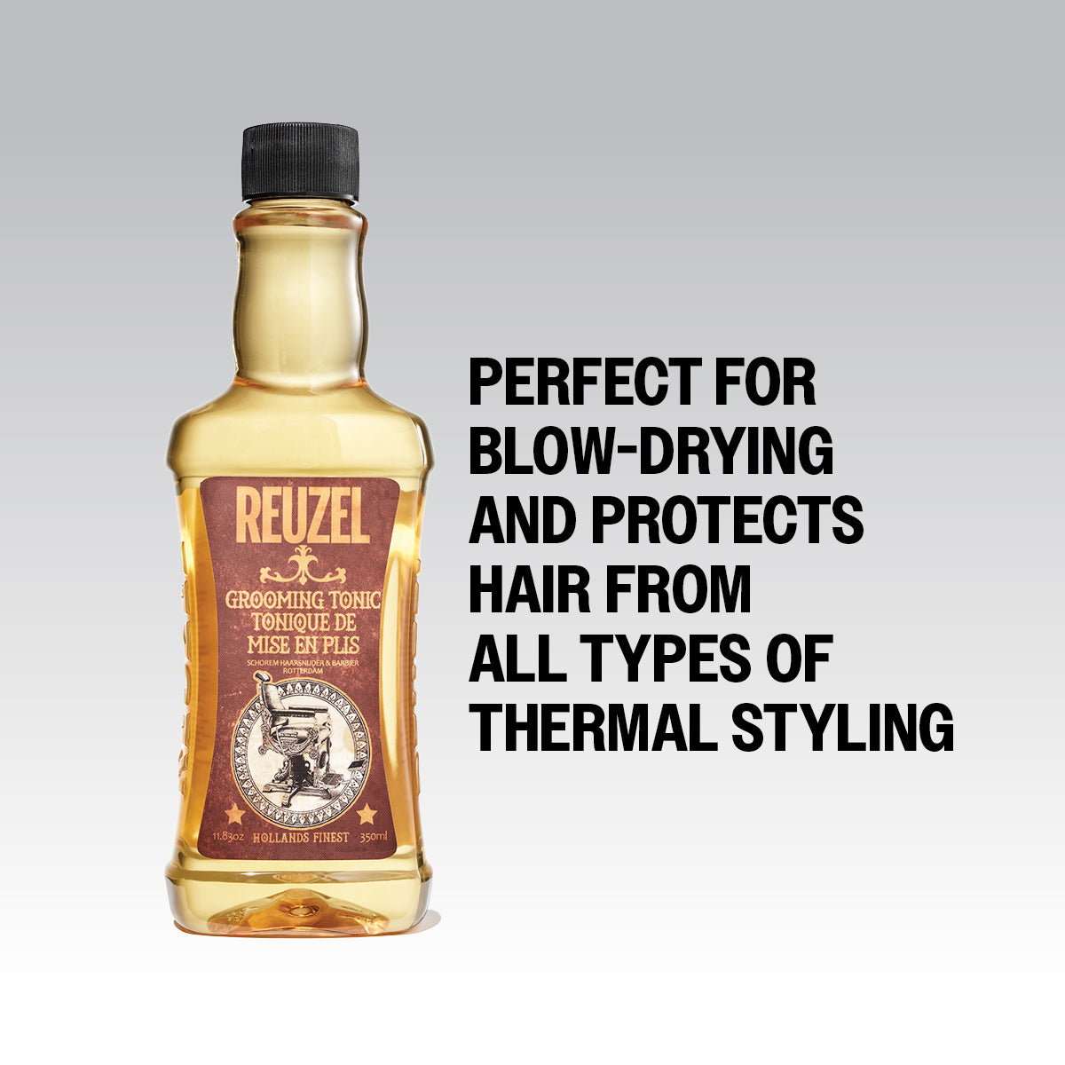 Reuzel UK Grooming Tonic for hair care, featuring a clear bottle with dark liquid and a spray nozzle, on a white background.