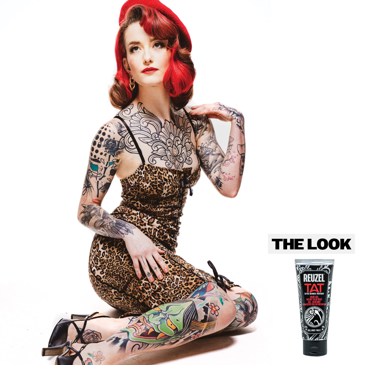 Reuzel TAT VIVID Gel tattoo aftercare product in a clear jar, with vibrant blue gel visible inside.