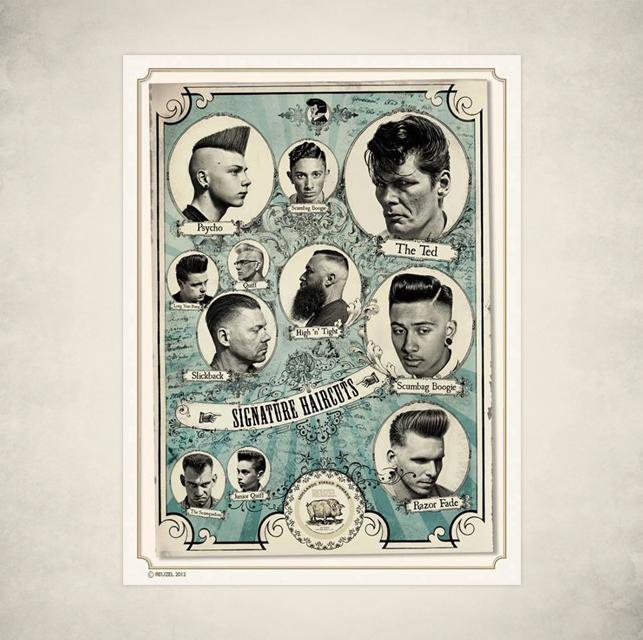 REUZEL UK Signature Haircuts poster featuring stylish haircut illustrations on a sleek merch poster.