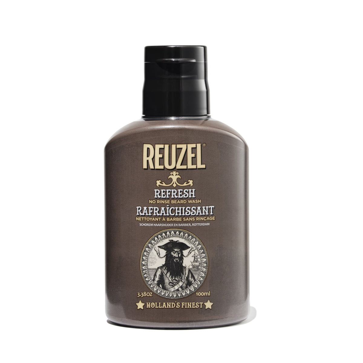 REUZEL UK Refresh No Rinse Beard Wash in 100ml bottle, featuring a clear liquid and label with beard grooming product details.