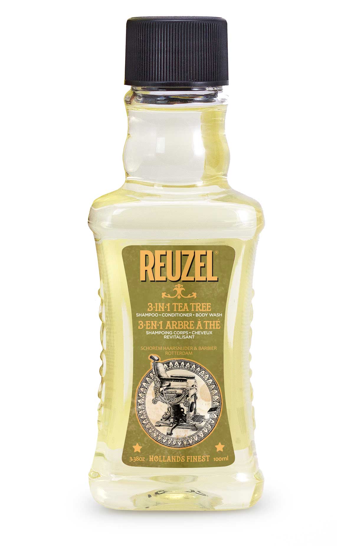 Reuzel 3-in-1 Tea Tree Shampoo, Conditioner & Body Wash bottle, 3.38oz, featuring green label and pump dispenser.
