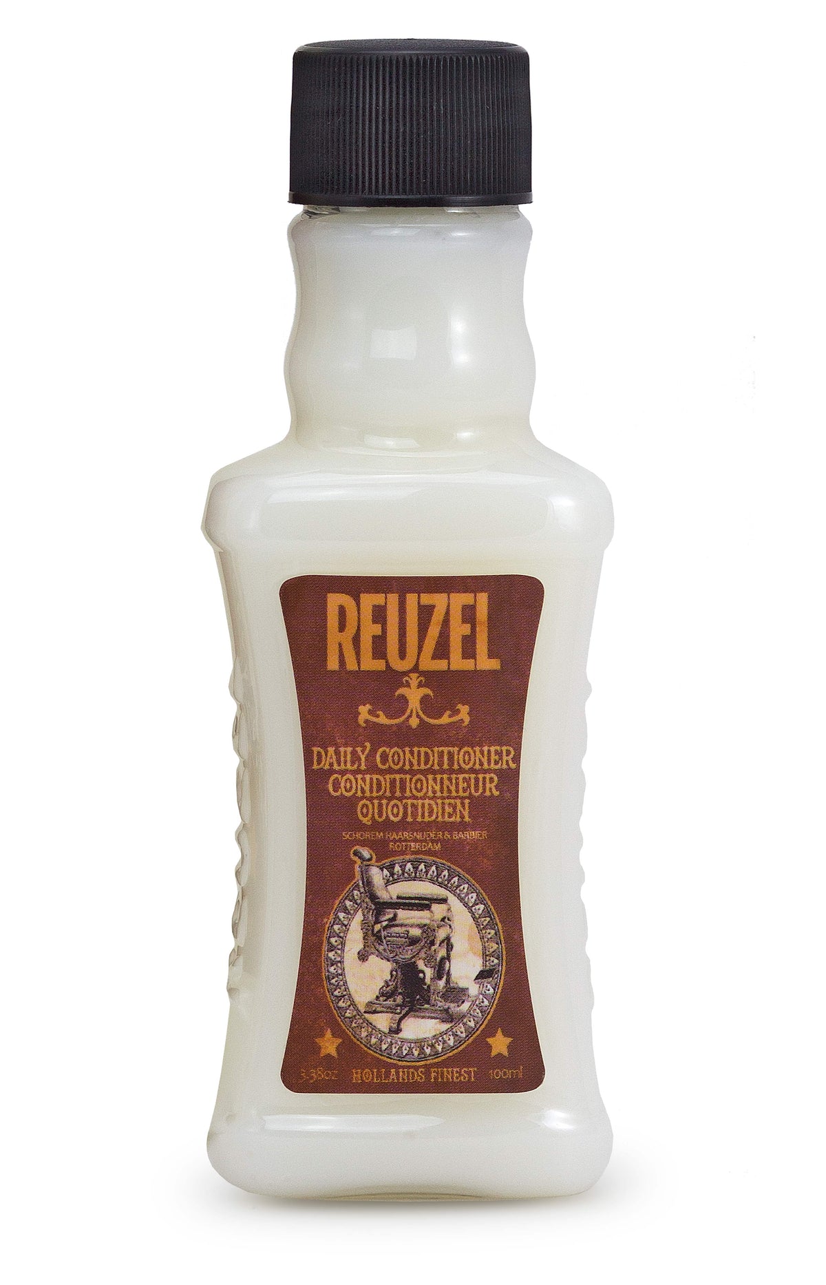 Reuzel UK Daily Conditioner for hair care, 3.38oz bottle, featuring a white and green label with product details.