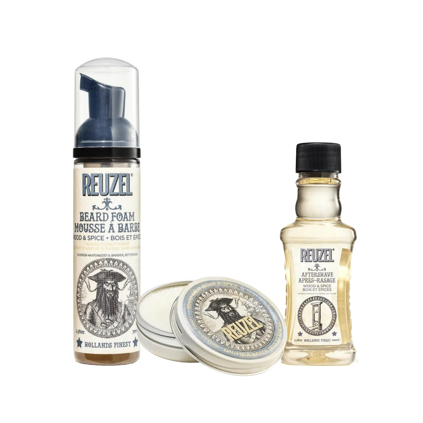 REUZEL UK Wood & Spice Beard Bundle featuring beard oil, balm, and comb in a natural wooden finish.