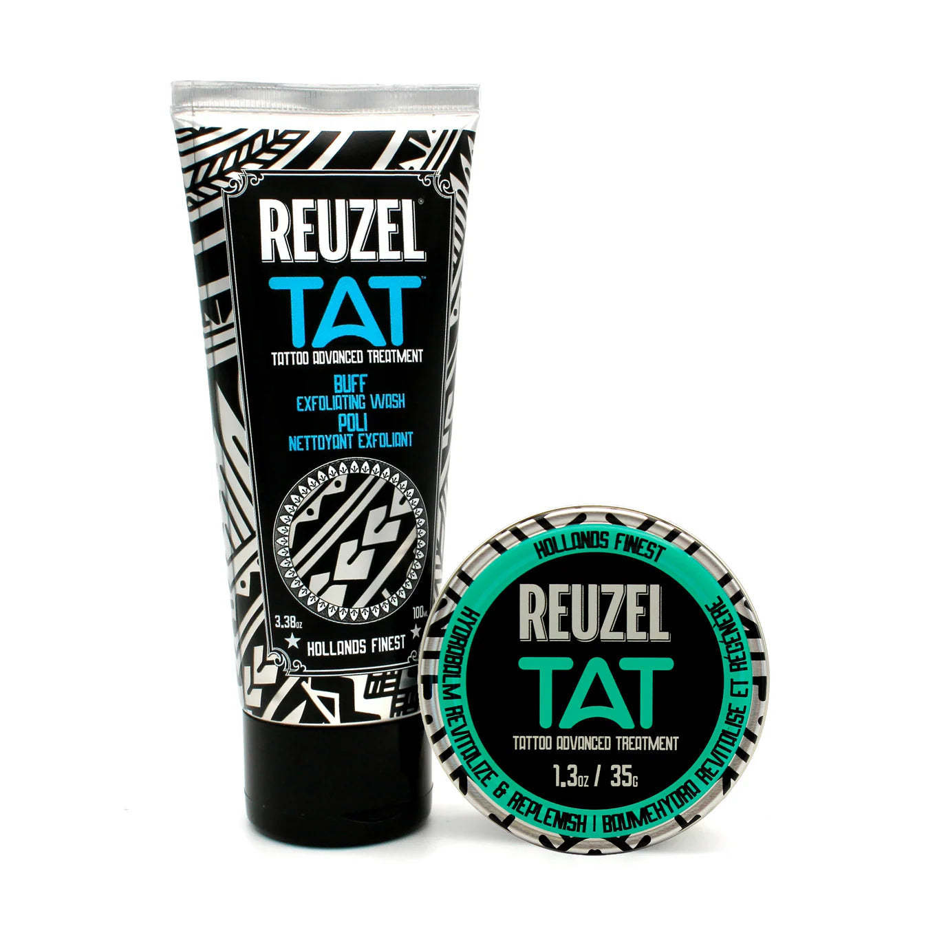 REUZEL UK TAT Duo Buff Exfoliating Wash and Hydrabalm tattoo aftercare products in a bundle with exfoliating and moisturizing features
