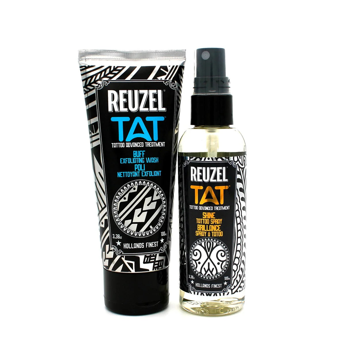 REUZEL UK TAT Duo Buff Exfoliating Wash and Shine Spray for tattoo aftercare, featuring exfoliation and shine enhancement.