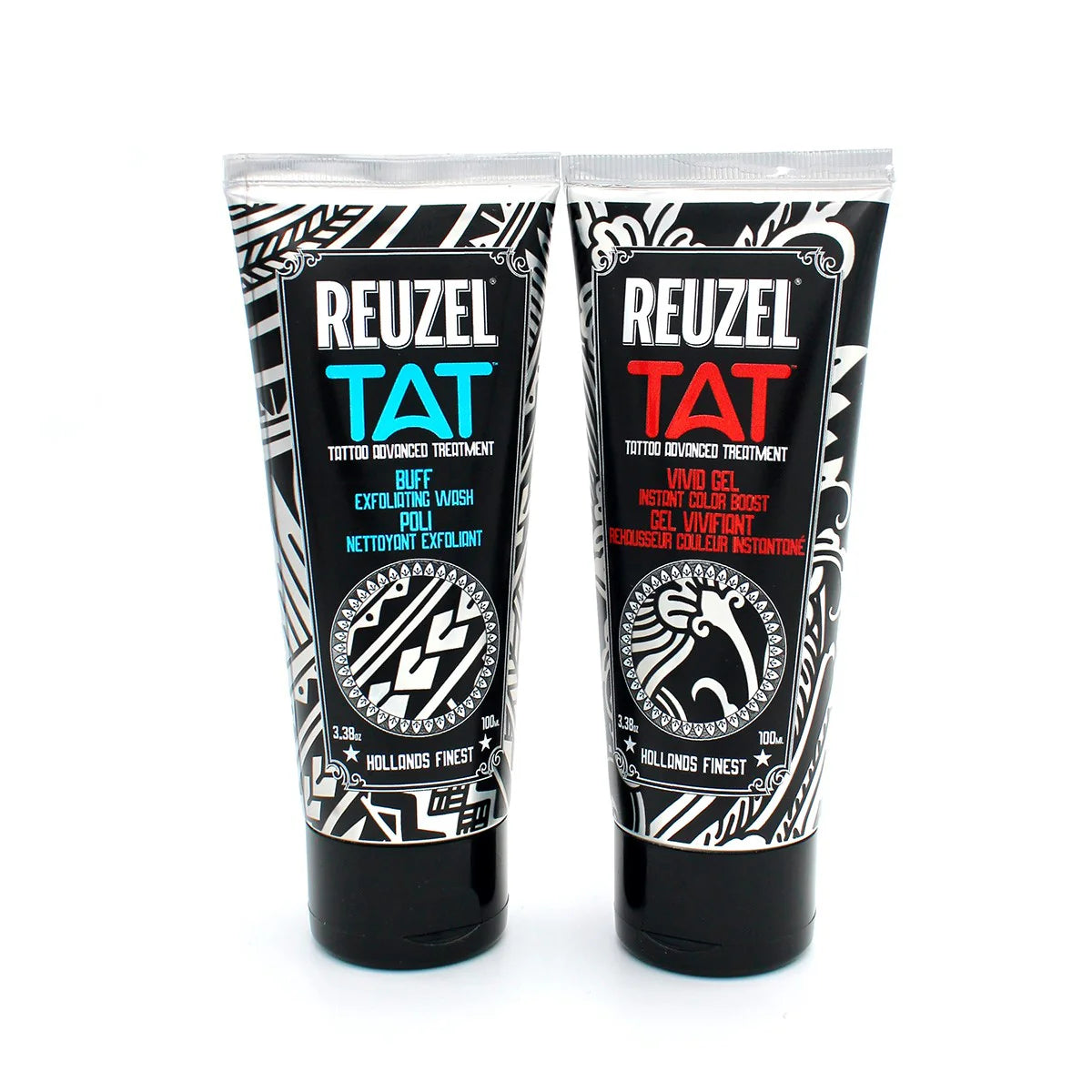 REUZEL UK TAT Duo Buff Exfoliating Wash and Vivid Gel for tattoo aftercare, displayed in a clean, organized set.