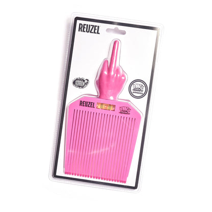 Pink flattop comb with middle finger gesture in REUZEL and Schorem packaging on a white background