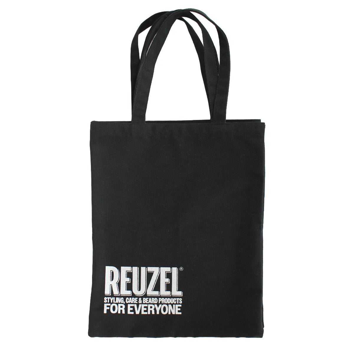 Black tote bag with Reuzel logo and text on a white background