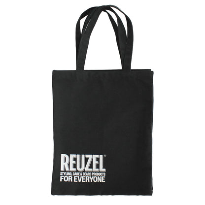 Black tote bag with Reuzel logo and text on a white background