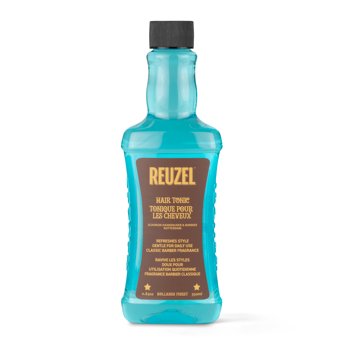 Reuzel UK Hair Tonic bottle for hair care with a black cap and label, designed to nourish and style hair.