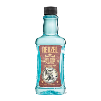 Blue bottle of Reuzel hair tonic on a white background
