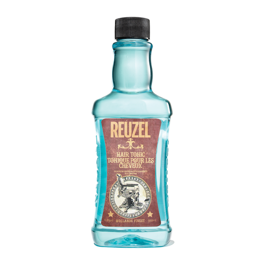 Blue bottle of Reuzel hair tonic on a white background