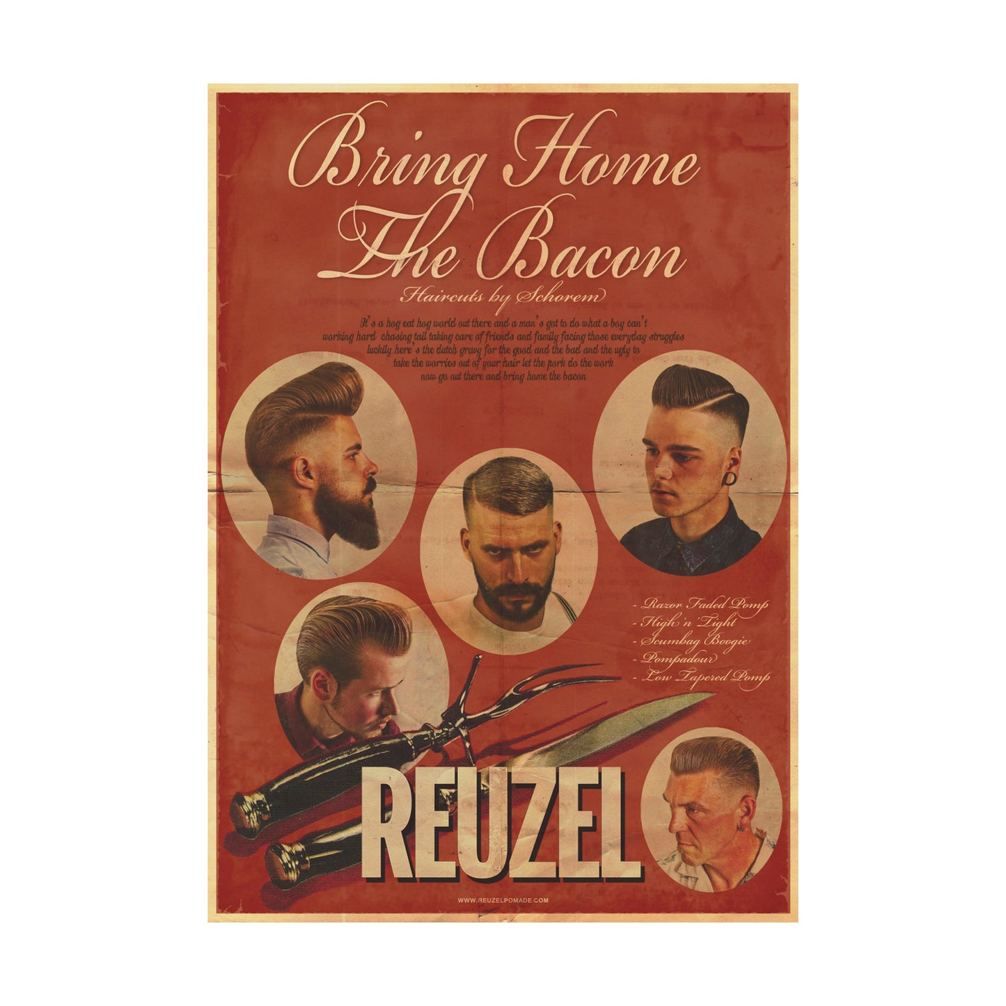 Reuzel UK Bring Home The Bacon poster featuring bold text and graphic design, suitable for barbershop or grooming decor.