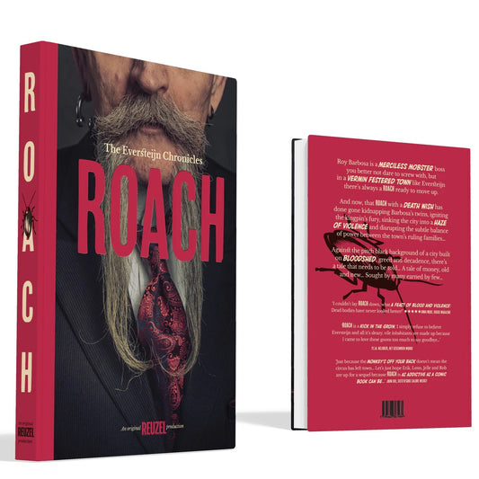Book cover of 'Roach' with a red spine and black background published by Reuzel and Schorem