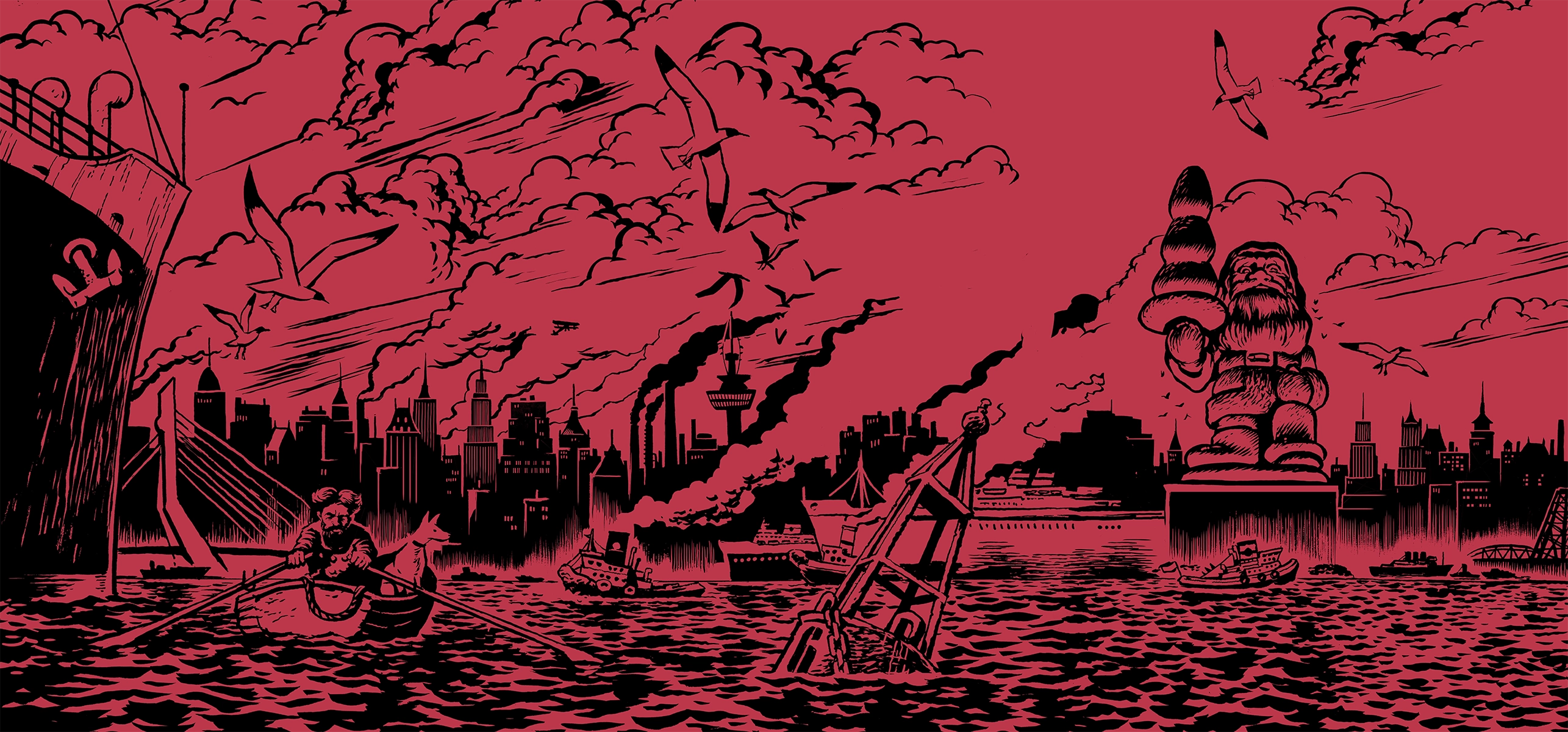 Red and black illustration of Roach cityscape with a large tree and a statue.