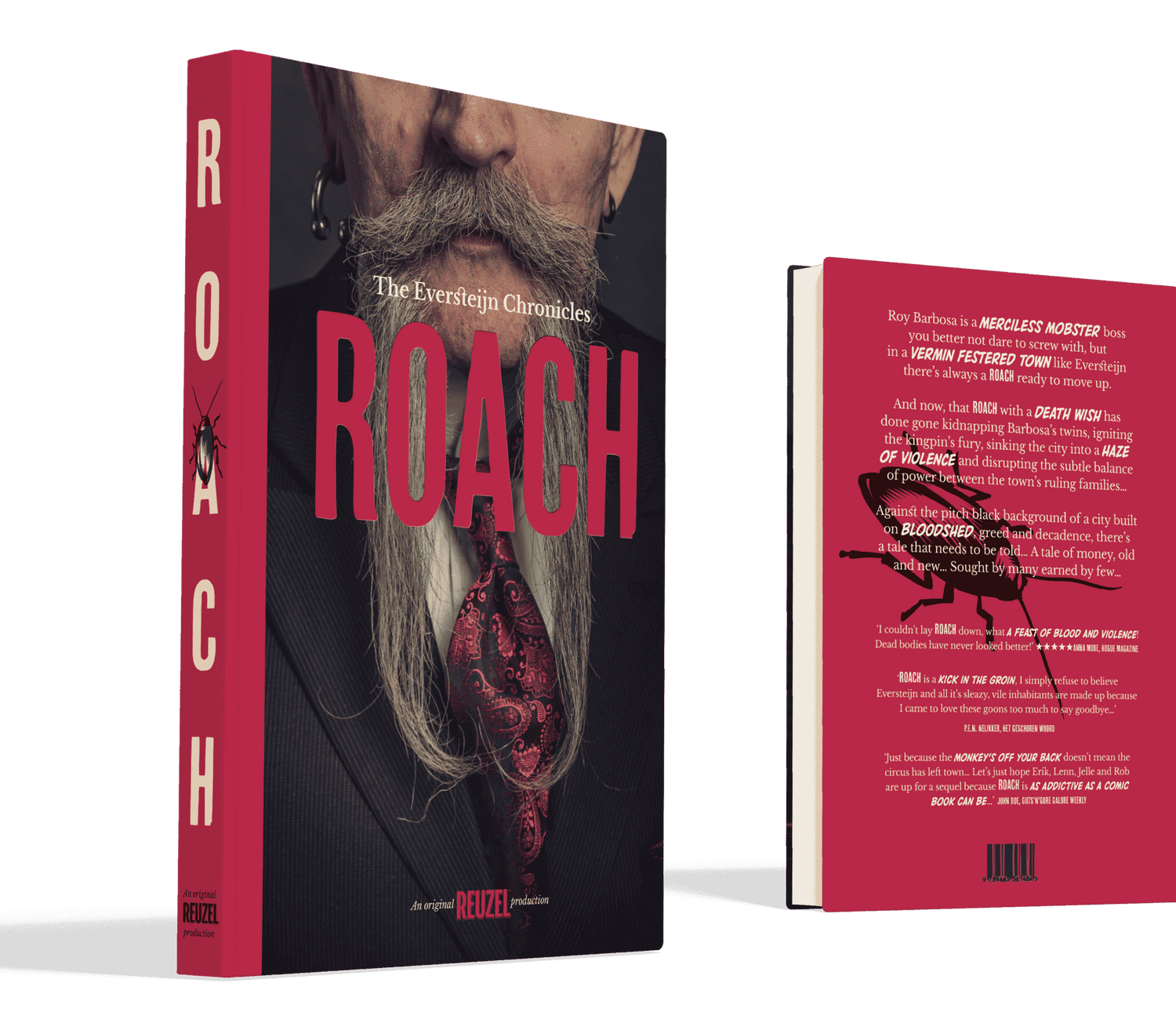 Book cover of 'Roach' with a red and black design featuring a man's face and a roach.