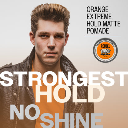Orange REUZEL Extreme Hold Matte Pomade in a tub, perfect for strong, matte hair styling with a sleek orange label.