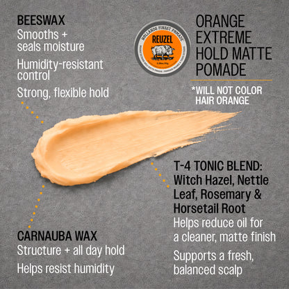 Reuzel Orange Extreme Hold Matte Pomade product information graphic on a textured gray background, featuring a smear of the orange pomade and text detailing ingredients and benefits.