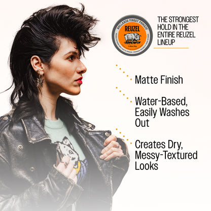 A promotional graphic for Reuzel Orange Extreme Hold Pomade featuring a woman in profile wearing a black leather jacket, with text highlighting matte finish, water-based washability, and messy-textured styling. A Reuzel Orange Extreme Hold Matte Pomade tin appears in the upper right on a light cream background.