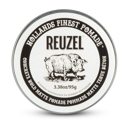 UK REUZEL Concrete Hold Matte Pomade in a jar, showcasing the thick, matte-texture hair styling product on a neutral background.