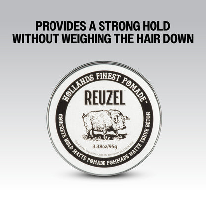 UK REUZEL Concrete Hold Matte Pomade in a jar, showcasing the product's creamy texture and matte finish for strong hold and style.
