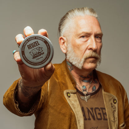 Uk Reuzel Concrete Hold Matte Pomade in a jar, showing its matte finish and thick texture for strong hold and styling.