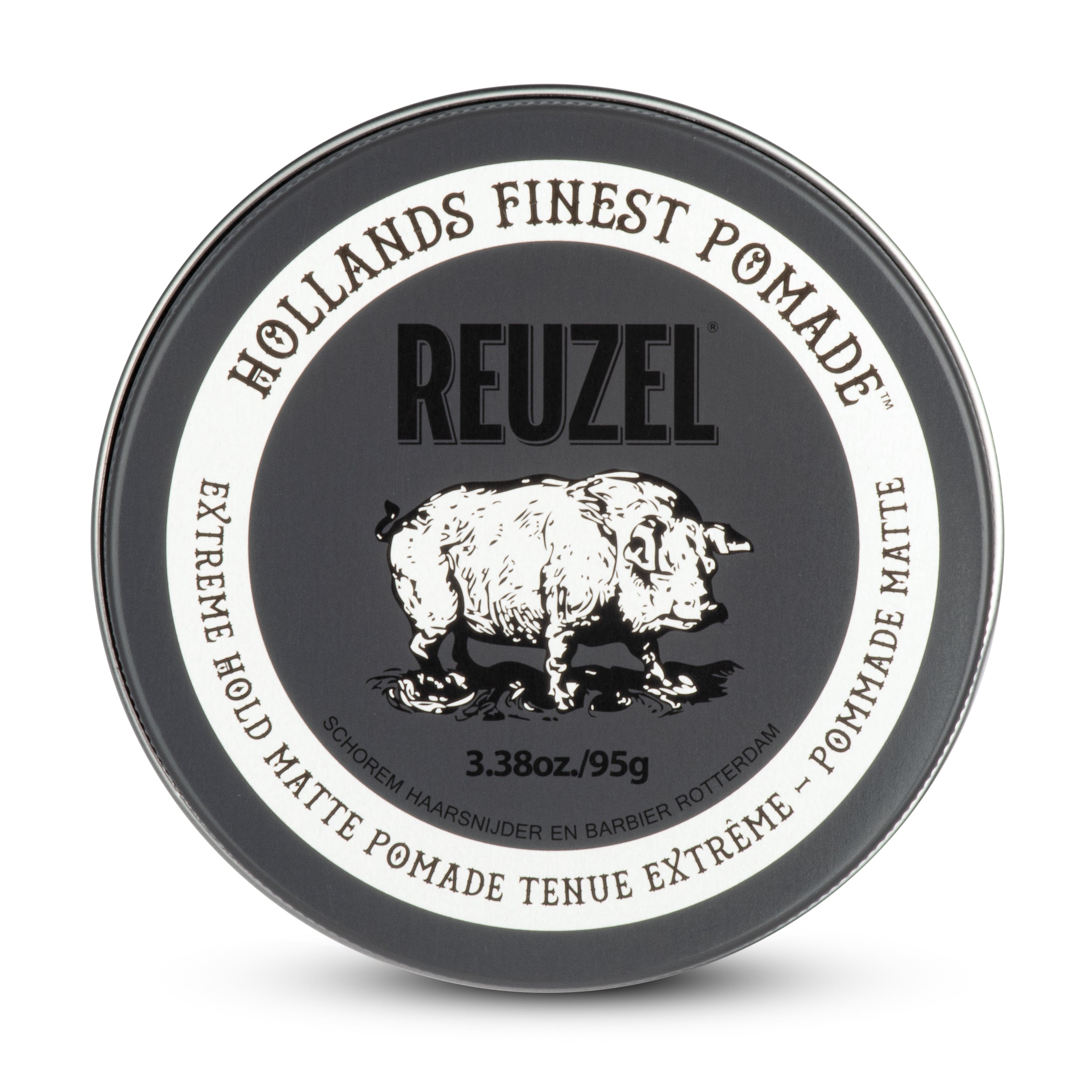 Reuzel UK Extreme Hold Matte Pomade jar with black lid and label, showcasing the styling product for strong, matte hold.