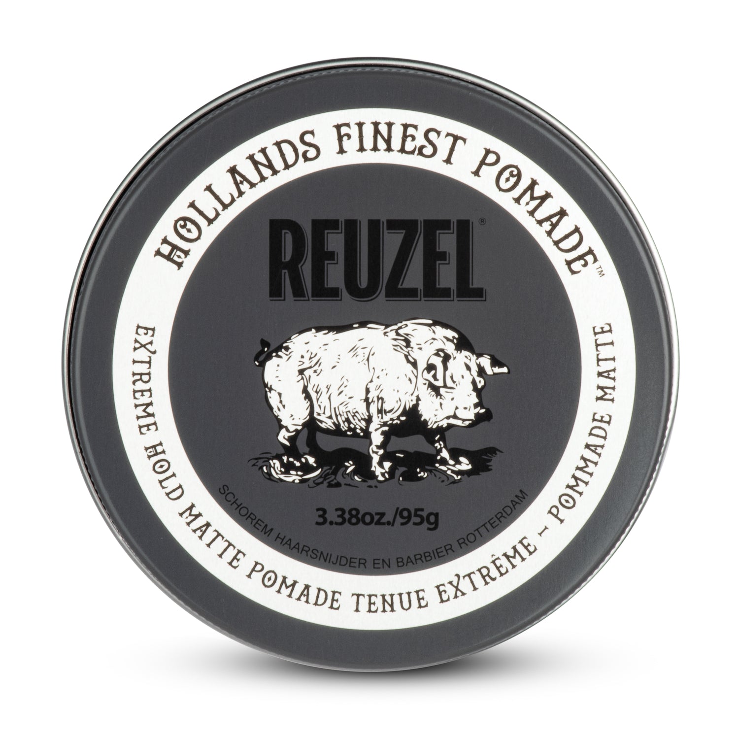 Reuzel UK Extreme Hold Matte Pomade jar with black label and product name, showing the textured matte finish of the pomade.