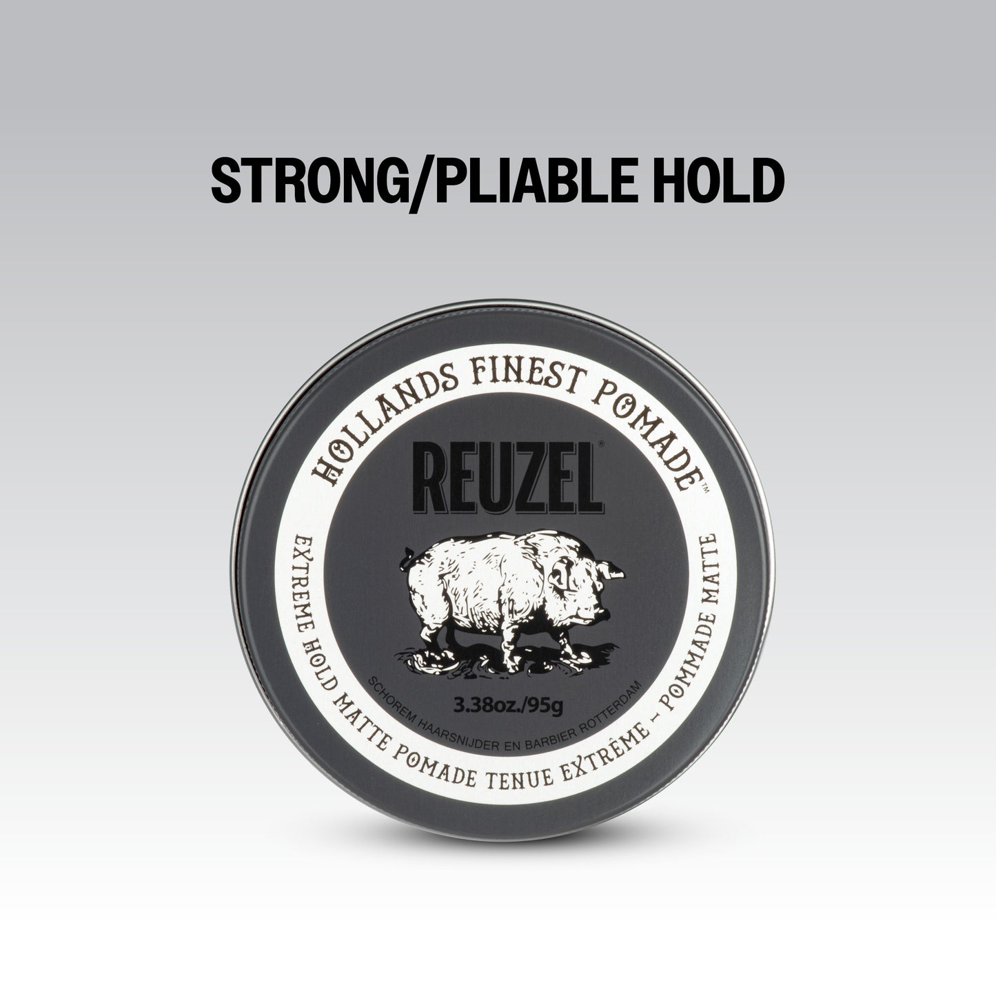 Reuzel UK Extreme Hold Matte Pomade jar with black lid and label, showcasing the product's matte finish and strong hold.