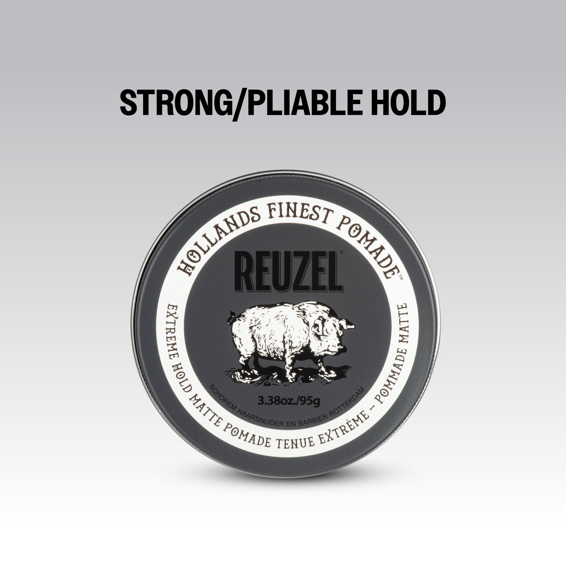Reuzel UK Extreme Hold Matte Pomade jar with black lid and label, showcasing the product's matte finish and strong hold.