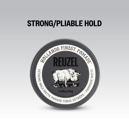 Reuzel UK Extreme Hold Matte Pomade jar with black lid and label, showcasing the product's matte finish and strong hold.