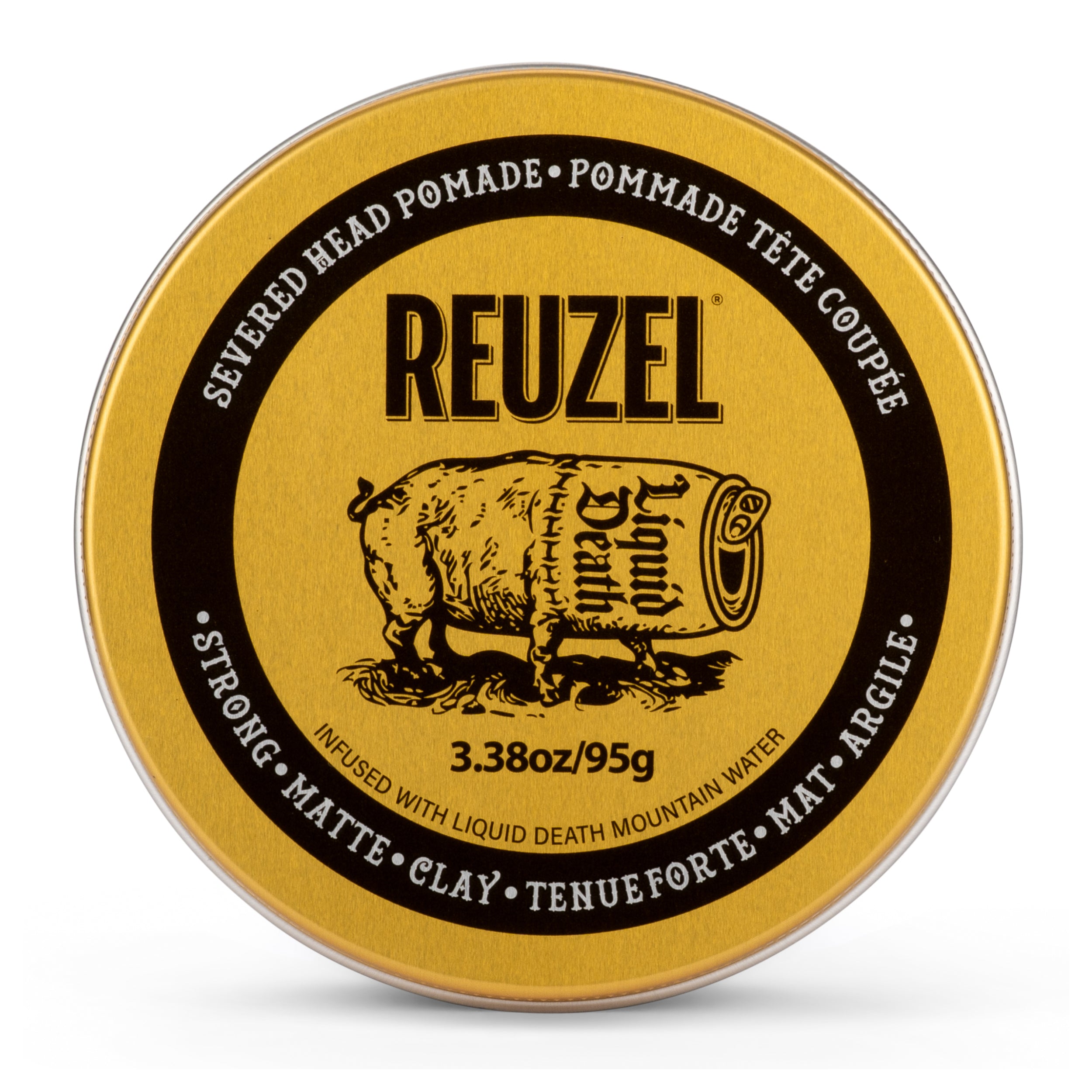 Reuzel Severd Head Pomade with gold lid and black label on a white background