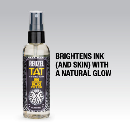 REUZEL UK SHINE Tattoo Spray for aftercare, featuring a sleek bottle with spray nozzle, used for maintaining tattoo shine and hydration.