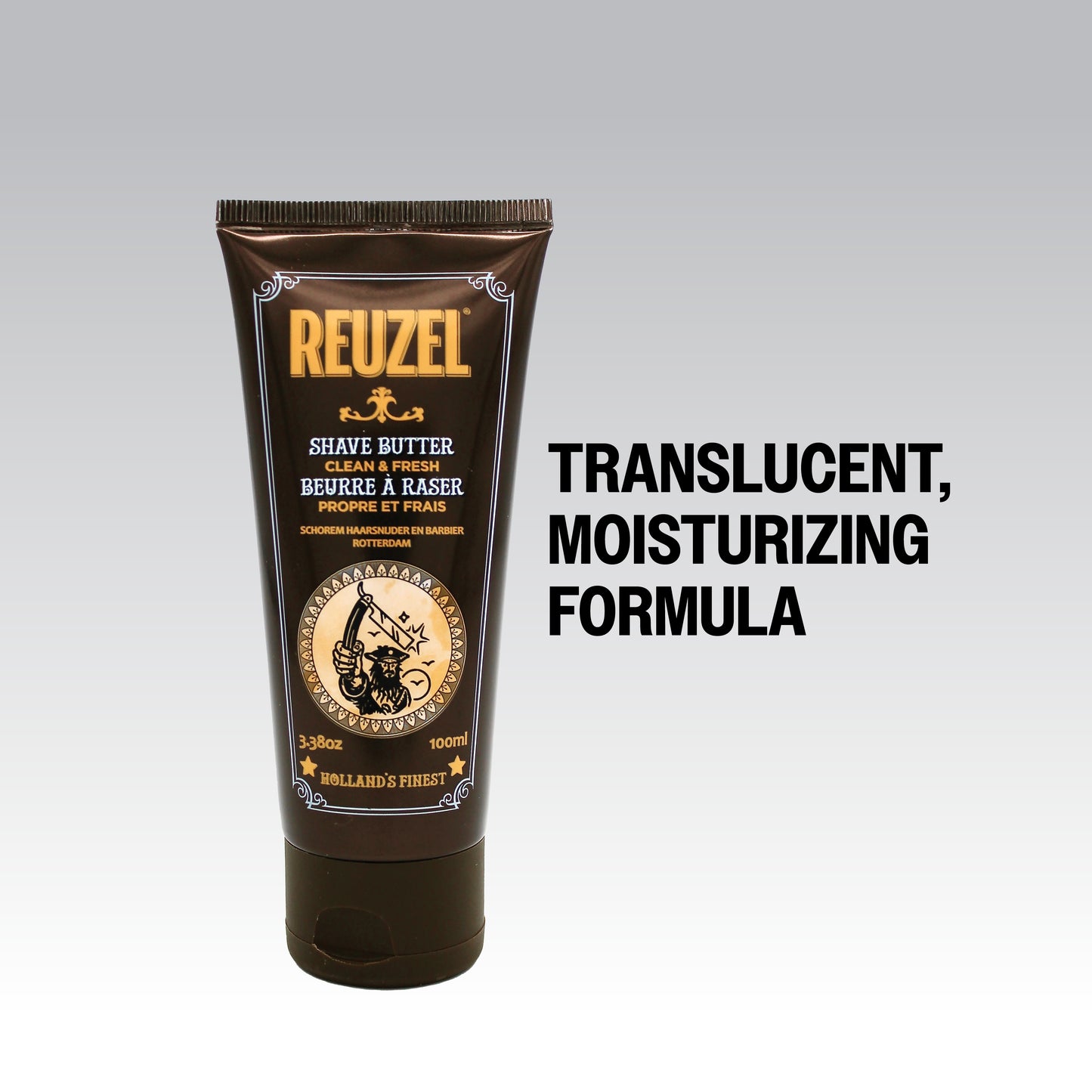 Reuzel shave butter tube on a gray background with text about the product.