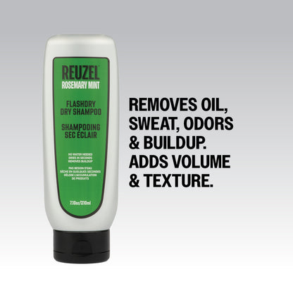 Reuzel dry shampoo bottle with text on a gray background
