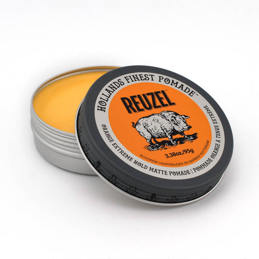 REUZEL UK Orange Extreme Hold Matte Pomade jar with label, showcasing the product's packaging and branding.