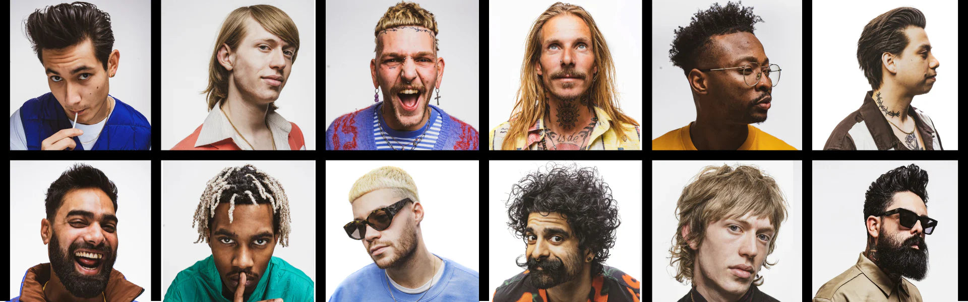 Grid of twelve men with various hairstyles and clothing styles.