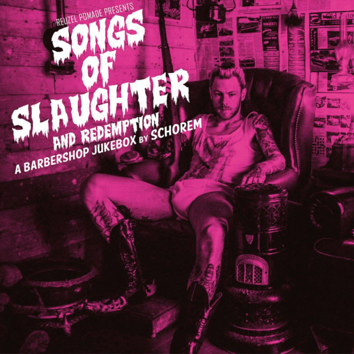 Schorem's Songs of Slaughter and Redemption band merch T-shirt featuring bold artwork on the front.