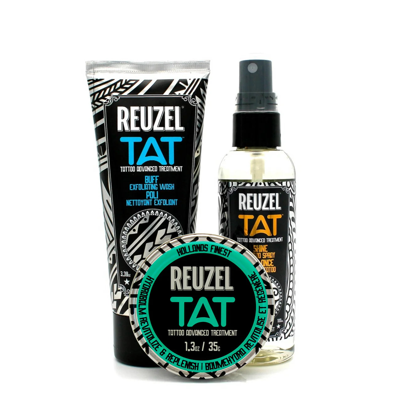 REUZEL UK TAT Trio tattoo aftercare set including Hydrabalm, BUFF exfoliating wash, and SHINE tattoo spray for skin healing.
