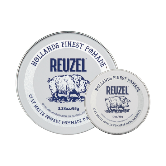 UK REUZEL Road Trip Clay Matte Pomade in a jar, designed for a matte finish and strong hold for textured hairstyles.
