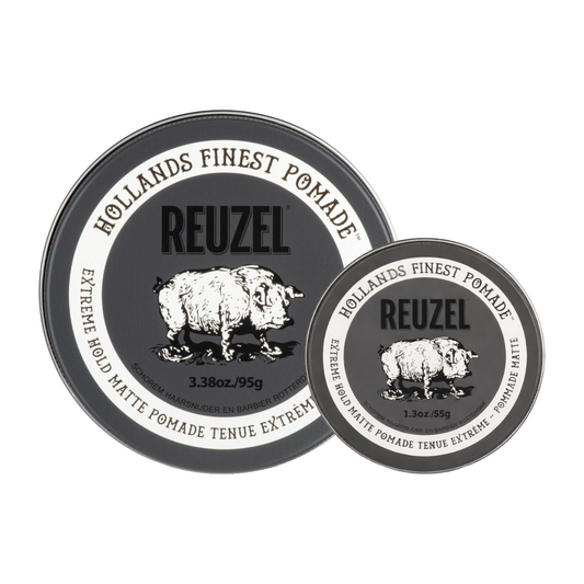UK REUZEL Road Trip Extreme Hold Pomade jar with black lid and label, showcasing the pomade's packaging and branding.