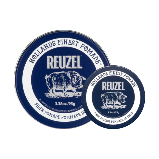 UK REUZEL Road Trip Fiber Pomade in a jar, showcasing its thick, fibrous texture ideal for textured hairstyles.