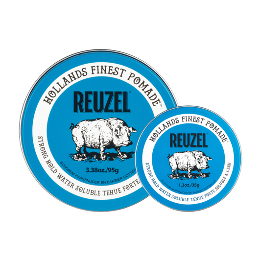 Blue UK REUZEL Road Trip Pomade jar with label, showcasing the pomade product in a sleek container.