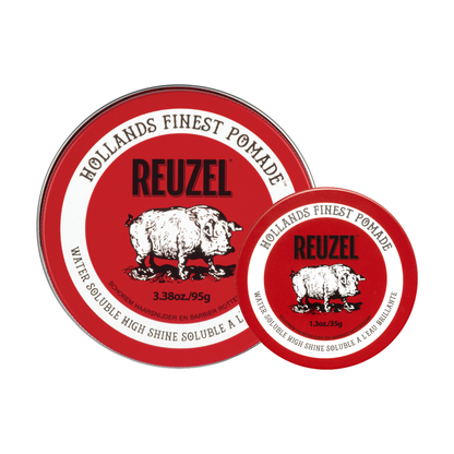 Tube of UK REUZEL Road Trip Red Pomade with a vibrant red label, designed for styling and shiny hair hold.